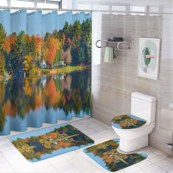 Lake House in Autumn on a shower curtain