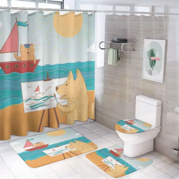 Summer Vacation Cat Dog on a shower curtain