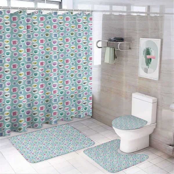 Various Cups and Mugs on a shower curtain