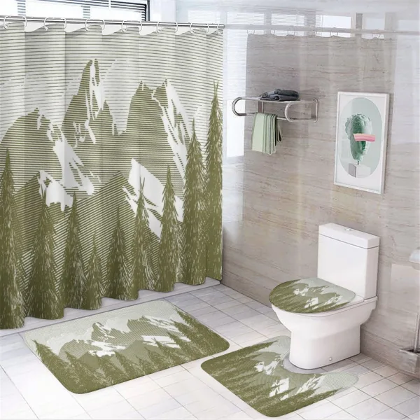 Woodcut Style Mountain Land on a shower curtain