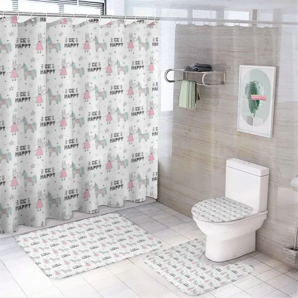 Be Happy Words on a shower curtain