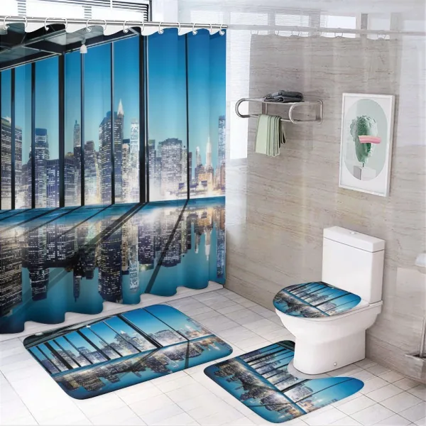 Buildings with Glass on a shower curtain