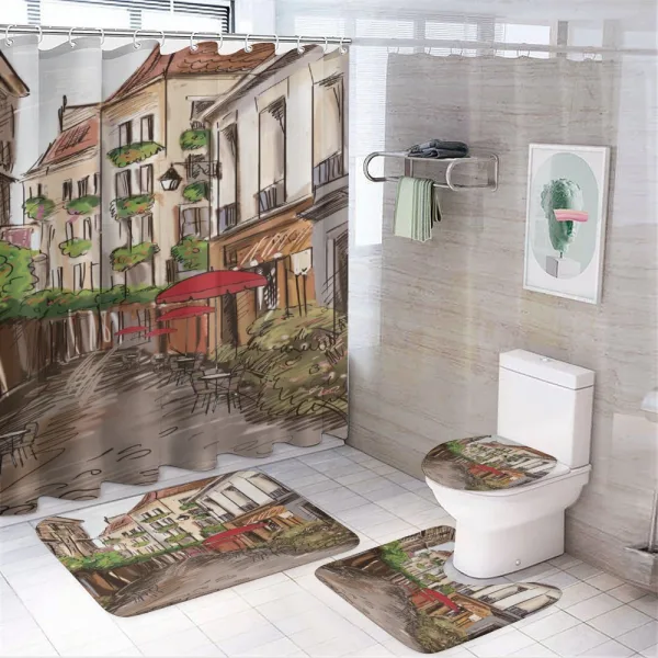 Romantic Patio Scene Sketch on a shower curtain