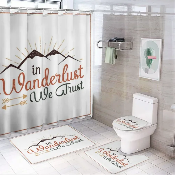 Wanderlust We Trust Text on a shower curtain