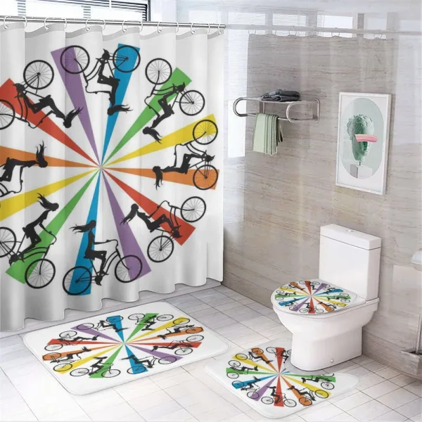 Lady on Bike Rainbow on a shower curtain