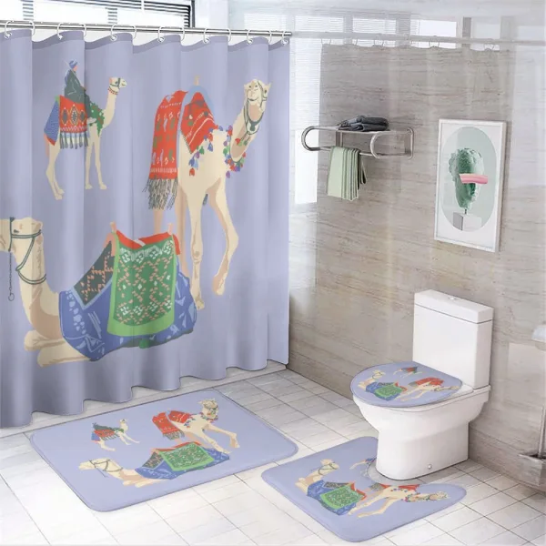 Camels with Rugs on a shower curtain