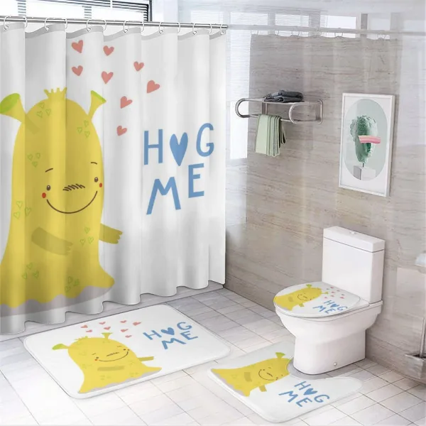 Monster and Hug Me Words on a shower curtain