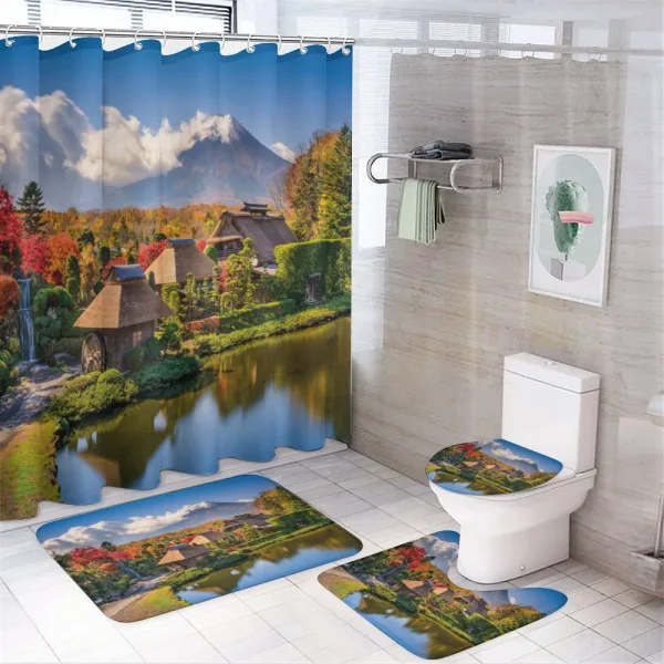 View of Oshino Thatch Houses on a shower curtain