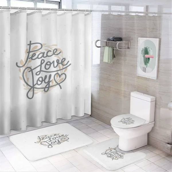 Lettering Love Joy Words on a shower curtain