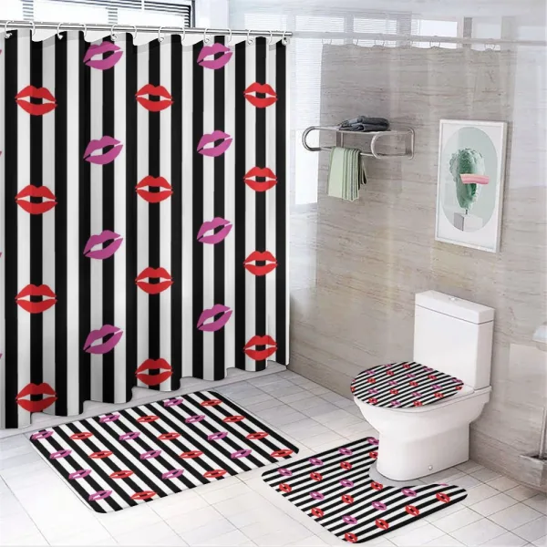 Lipstick Prints on Stripes on a shower curtain
