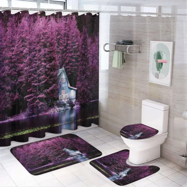 Purple Trees by Lake on a shower curtain