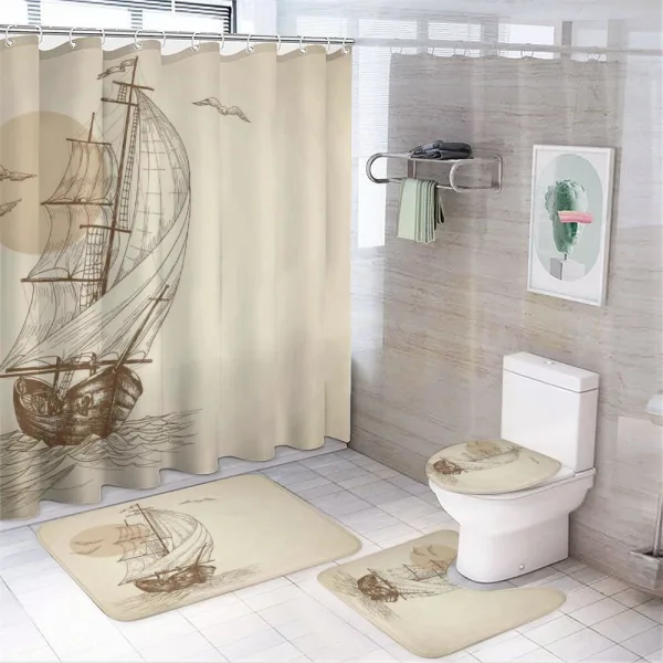 Sailing Ship Birds Sun on a shower curtain