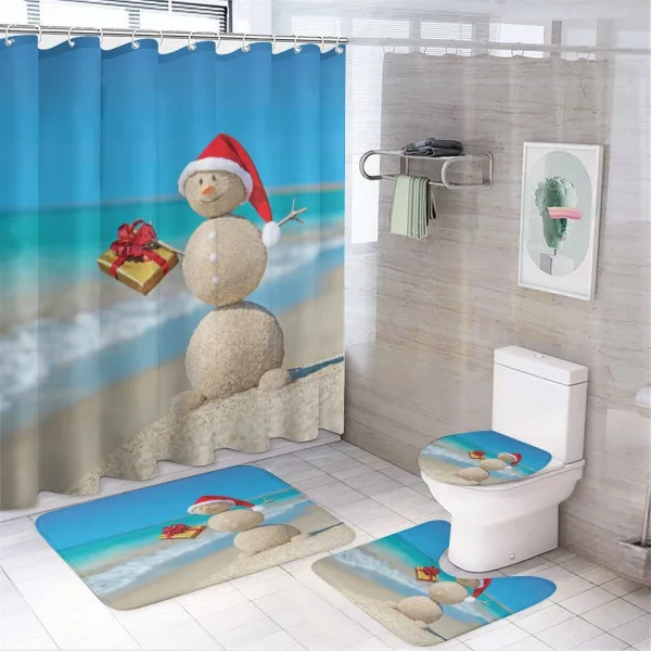Sand Snowman Santa Hat on a shower curtain