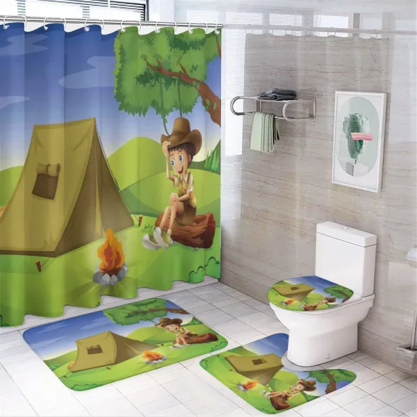 Kid Sitting on a Trunk on a shower curtain