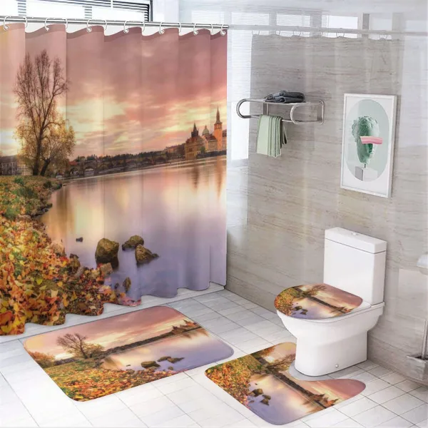 Prague Riverside Autumn on a shower curtain