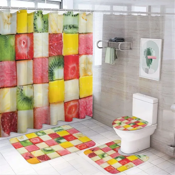 Square Slices of Fresh Food on a shower curtain