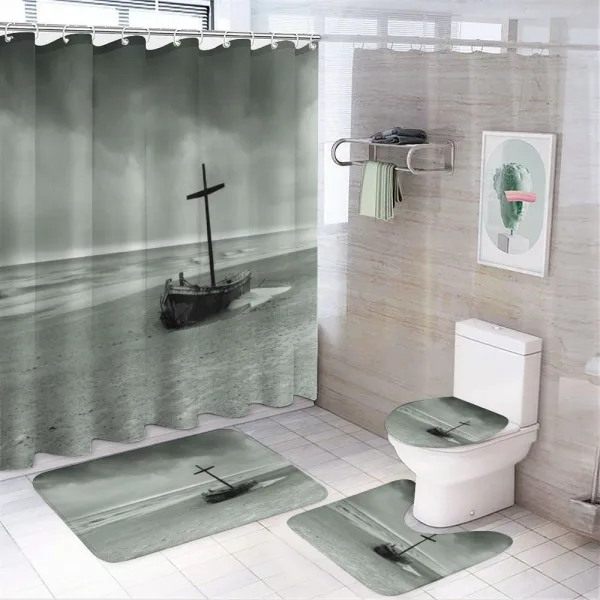 Wreck Boat on the Beach on a shower curtain