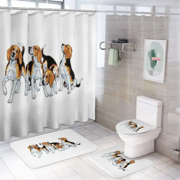 4 Beagle Hounds Play on a shower curtain