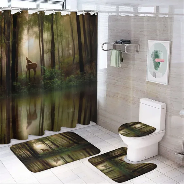 Baby Deer Foggy Lake on a shower curtain
