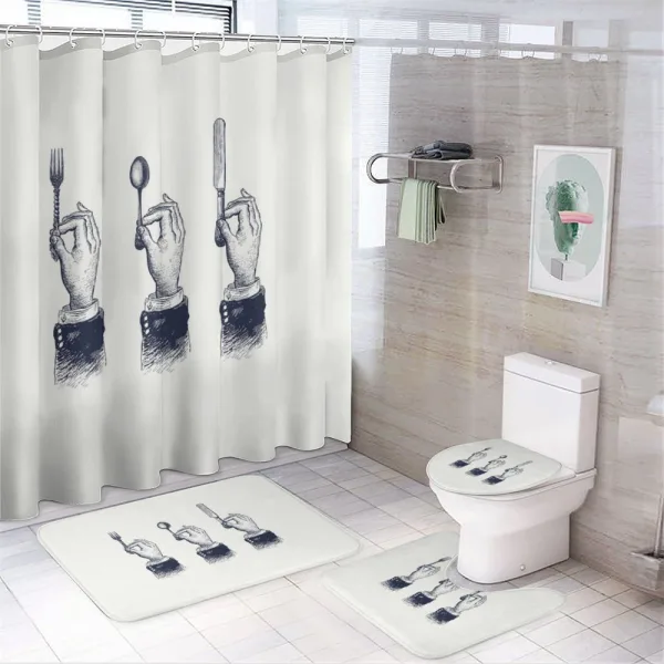 Hands with Cutleries on a shower curtain
