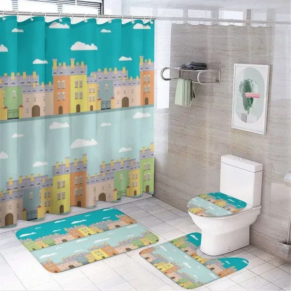 Colorful Cartoon Town on a shower curtain