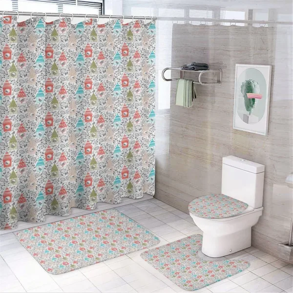 Flowers Sketch Bird Houses on a shower curtain