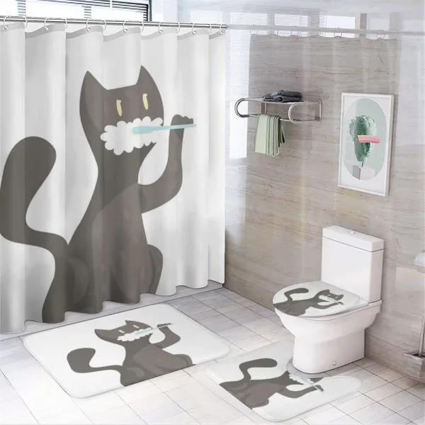 Pet Feline Brushing Teeth Motif on a shower curtain