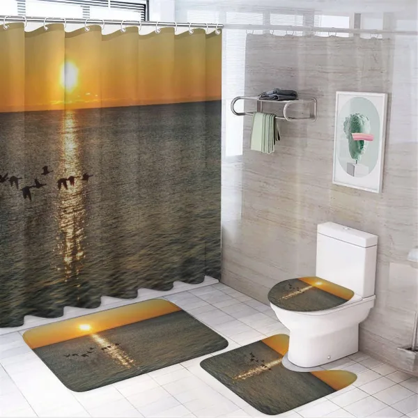 Geese Flying over Lake on a shower curtain