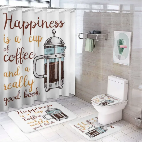 French Press and Words on a shower curtain
