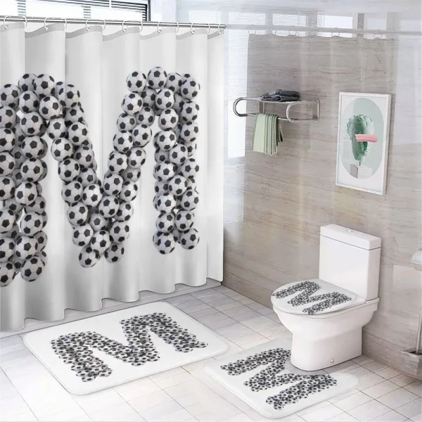 Stack of Soccer Balls on a shower curtain