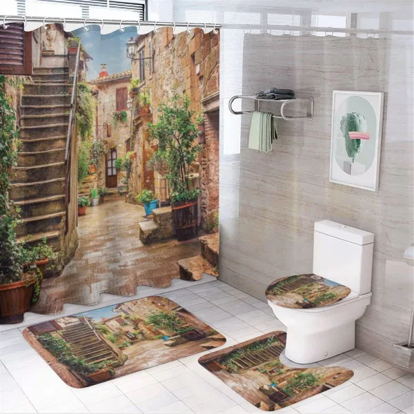 Old Stone Street Houses on a shower curtain