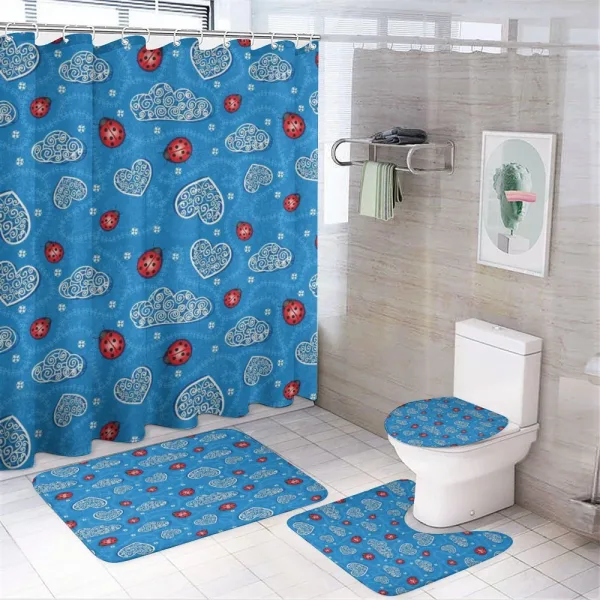 Ladybugs Hearts Clouds on a shower curtain