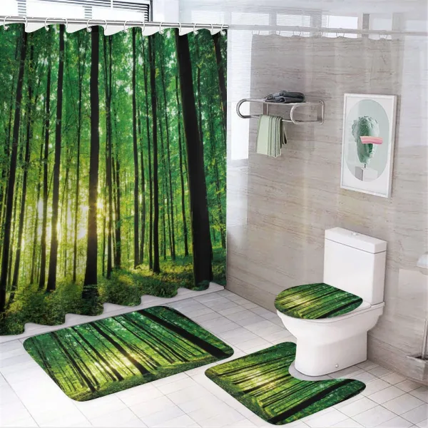 Green Woodland Sunrise on a shower curtain