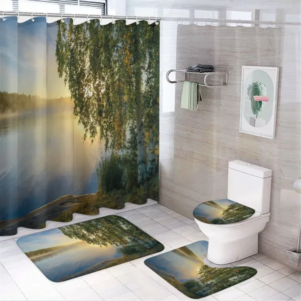 Sunny Misty Lake Summer on a shower curtain