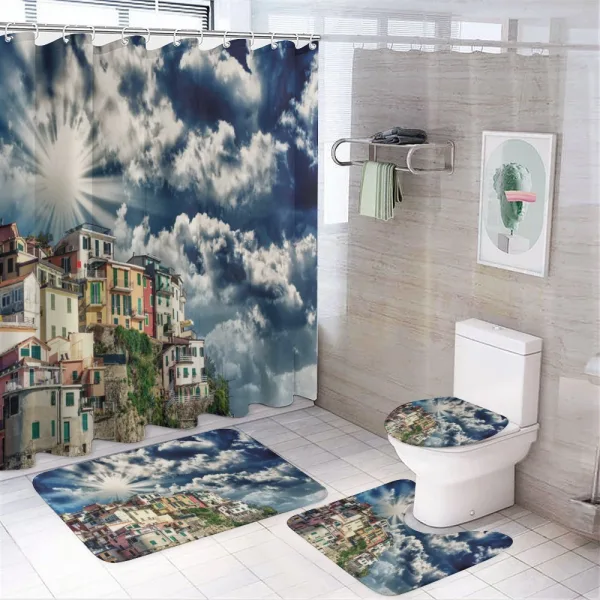 Mediterranean Coast Houses on a shower curtain
