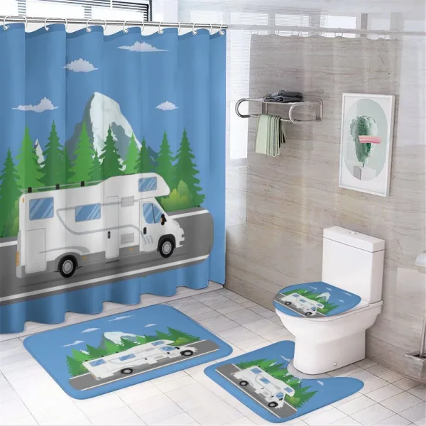 Retro Trailer on Road Forest on a shower curtain