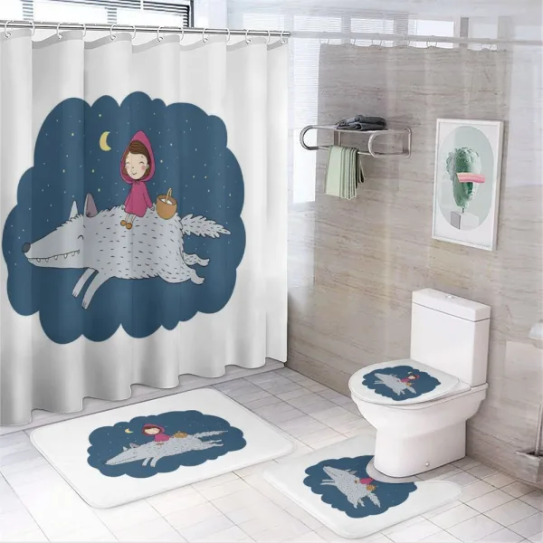 Cartoon Girl on Giant Wolf on a shower curtain