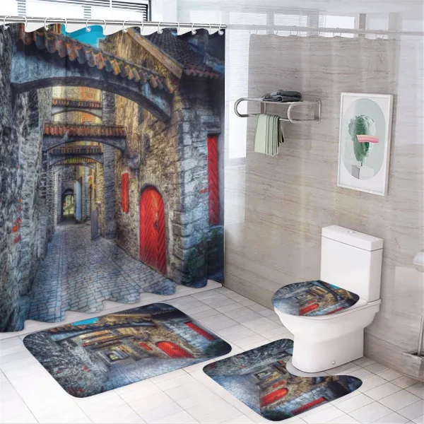 Old Stone House Town on a shower curtain