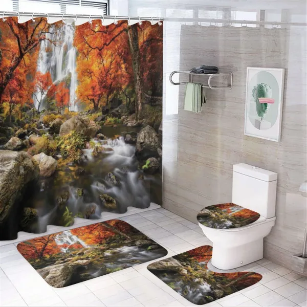 Autumn River Stream on Rocks on a shower curtain