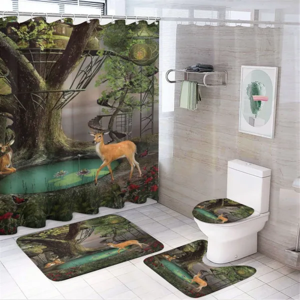 Abstract Deer and Tree House on a shower curtain