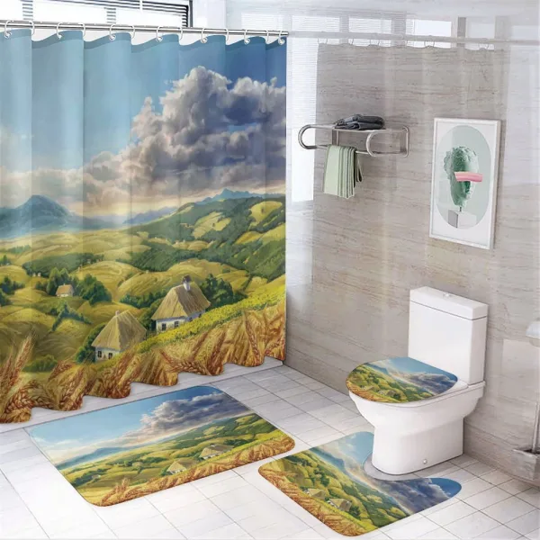 Summer Rural Houses on a shower curtain
