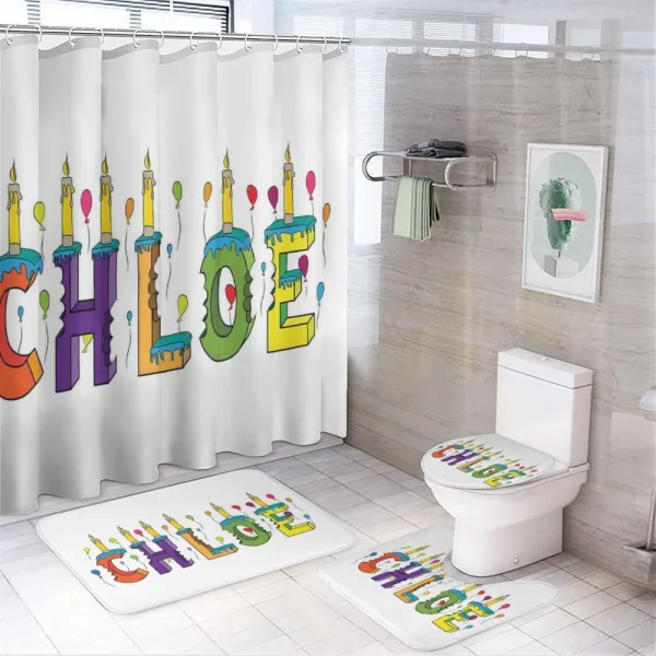 Cheerful Lettering Design on a shower curtain