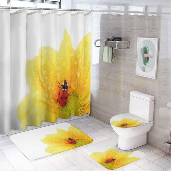 Ladybug on a shower curtain
