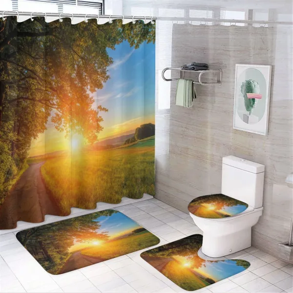 Tranquil Path at Sunset on a shower curtain