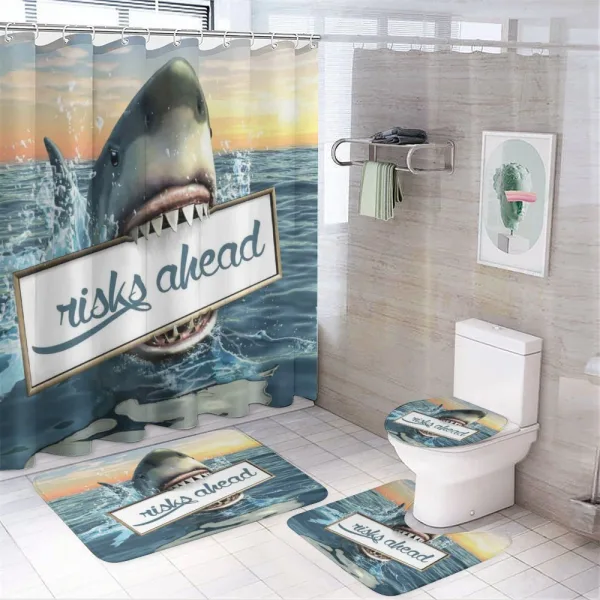 Dangerous Fish Holds Plaque on a shower curtain