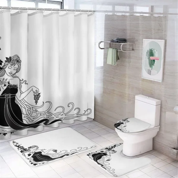 Woman Holds Grape on a shower curtain
