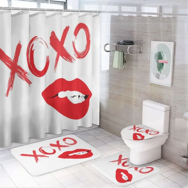 Lipsticked Woman Biting Lips on a shower curtain
