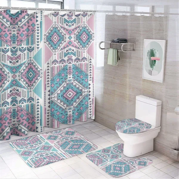 Pink Teal Aztec on a shower curtain