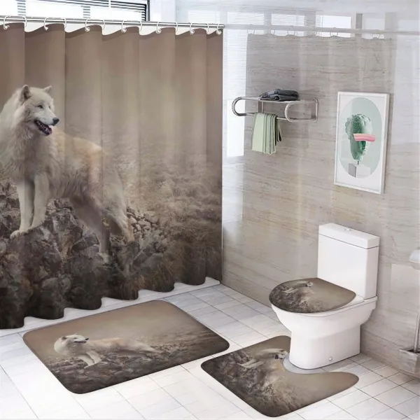White Wolf on the Rocks on a shower curtain