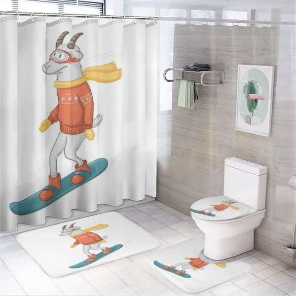 Cartoon Goat Snowboarding on a shower curtain